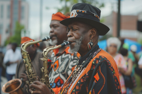 A man in a hat and a man in a suit playing a saxophone