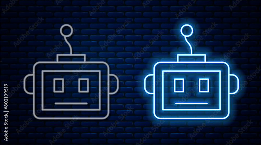Poster glowing neon line artificial intelligence robot icon isolated on brick wall background. machine lear