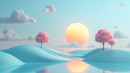 Minimalist Nature Simple Landscape: A 3D illustration showcasing a simple landscape with minimalist element