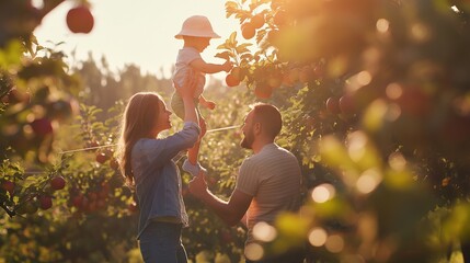 Parents lifting their toddler up to pick apples from a tree in a sun-dappled orchard. - Powered by Adobe