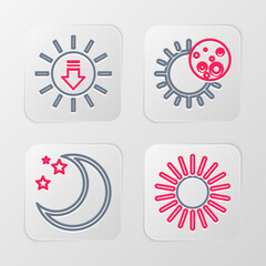 Set line Sun, Moon and stars, Eclipse of the sun and Sunset icon. Vector