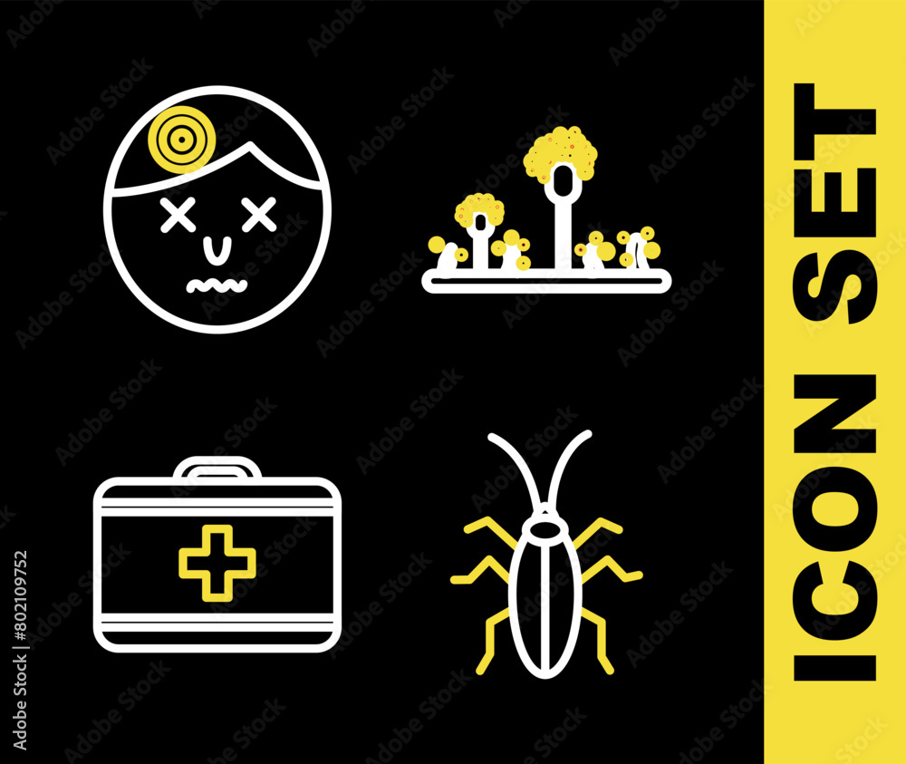 Canvas Prints Set line Mold, Cockroach, First aid kit and Man having headache icon. Vector