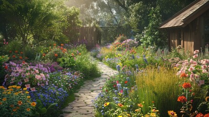 Cottage garden filled with wildflowers and winding pathways, evoking a sense of charm and nostalgia.