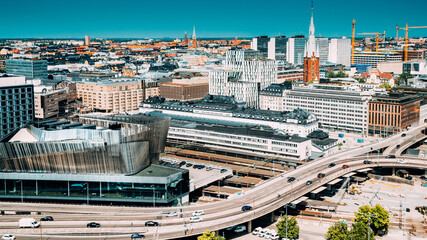 Stockholm, Sweden. Elevated View Of St. Clara Or Saint Klara Church In Summer Sunny Modern Cityscape Skyline
