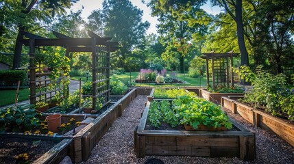DIY vegetable garden with raised beds and trellises, allowing homeowners to grow their own fresh produce.