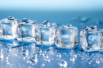 Cold blue ice cubes banner panorama on bluish background in light chilly blue color