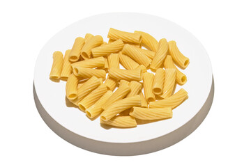 macaroni Rigatoni in plate isolated on white background