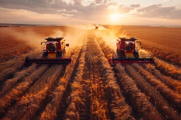 Fototapeta premium Harvesting agricultural crops in the fields with the help of modern tractors and combines, AI generated