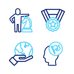 Set line Hand holding flag, Earth globe, Medal and Chess icon. Vector