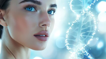 Close-up of a woman face next to a bright, digital representation of a DNA double helix, symbolizing biotechnology.