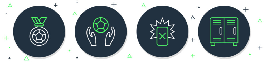 Set line Soccer football ball, Red card, Football or soccer medal and Locker changing room icon. Vector