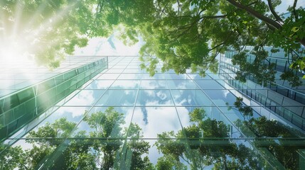 Illustration Eco-friendly building in the modern city. Sustainable glass office building with trees