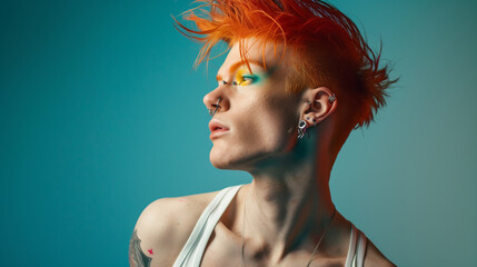 A striking photo of an androgynous man with red hair and facial piercings, sporting a white tank top against a vibrant blue background.