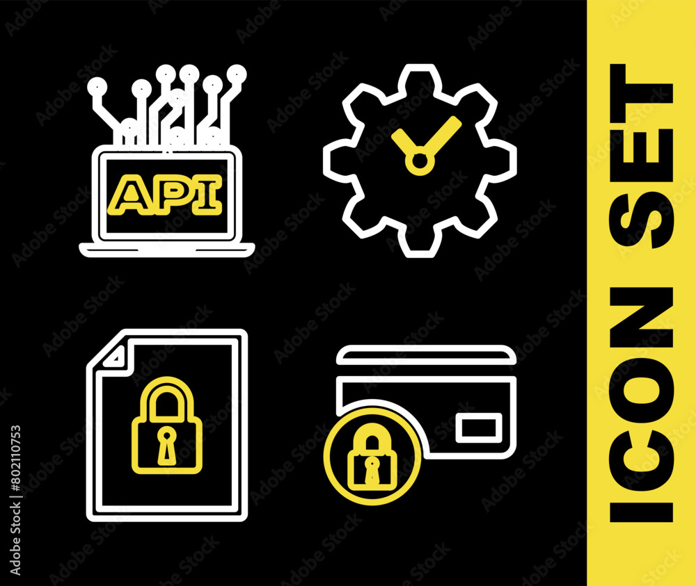 Aufkleber set line time management, credit card with lock, document and and computer api interface icon. vecto