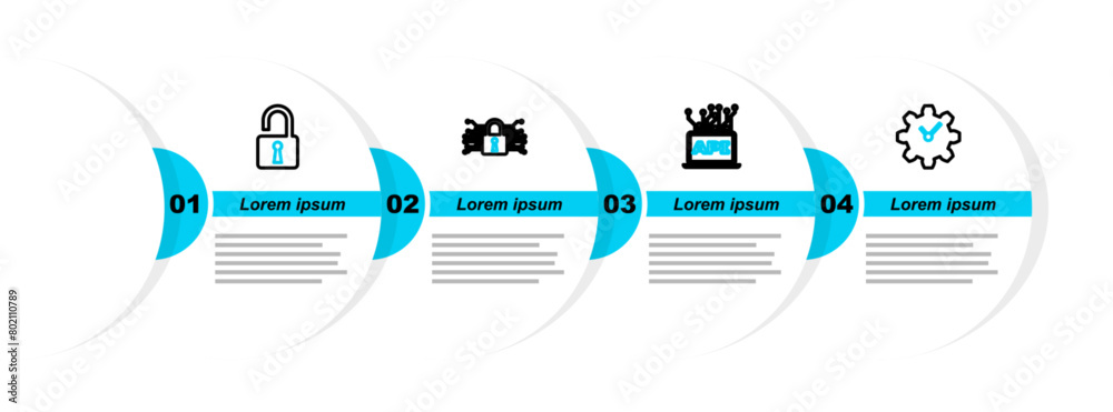 Poster set line time management, computer api interface, cyber security and open padlock icon. vector