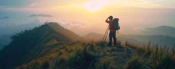 Back view of a mountain climber with a backpack. Spring break weekend lifestyle concept with climbing on the mountain