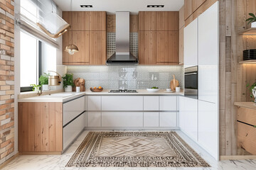 Fototapeta premium A kitchen with a white countertop and a wooden backsplash