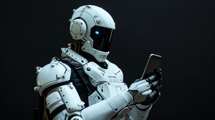 A white humanoid robot, clad in full armor, stands imposingly against a sleek black background, holding a phone.