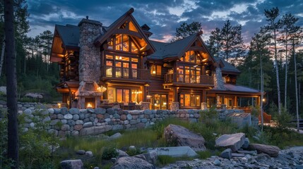 Fototapeta premium Handcrafted log home with a stone fireplace and panoramic windows, offering warmth and comfort in a natural setting.