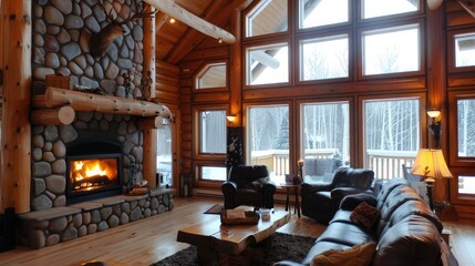 Handcrafted log home with a stone fireplace and panoramic windows, offering warmth and comfort in a natural setting.