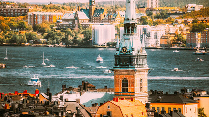 Stockholm, Sweden. Scenic View Of Skyline At Summer Day. Elevated View Of German St Gertrude's Church. Famous Popular Destination.