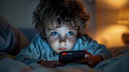 Young Child Absorbed in Mobile Device in Dark Room. Generative ai