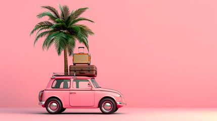 Vintage car with luggage near palm tree travel for summer vacation concept, banner with copy space for text.
