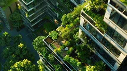 High-rise office building with rooftop gardens and green spaces, promoting sustainability and environmental awareness.