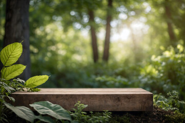 empty wooden tabletop podium in garden open forest, blurred green plants background with space. organic product presents natural placement pedestal display, spring and summer concept.