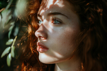 A woman with red hair and blue eyes is looking at the camera