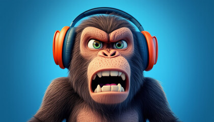 Angry monkey wearing gaming headphones with beautiful background.
