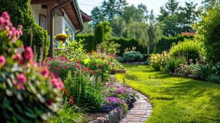 Home garden with colorful flowers and neatly trimmed shrubs, creating a serene and inviting outdoor...