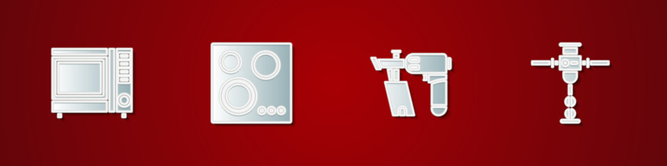 Set Microwave oven, Gas stove, Nail gun and Construction jackhammer icon. Vector
