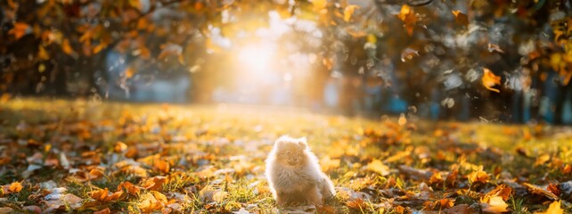 Young Red Puppy Pomeranian Spitz Puppy Dog Sitting Outdoor In Autumn Grass. panorama panoramic view copy space