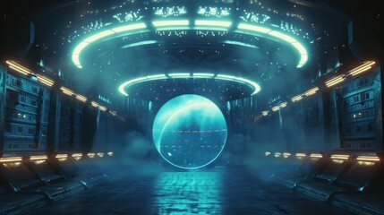 Illustration Door to other dimensions. Portal with other worlds, alien spaceship