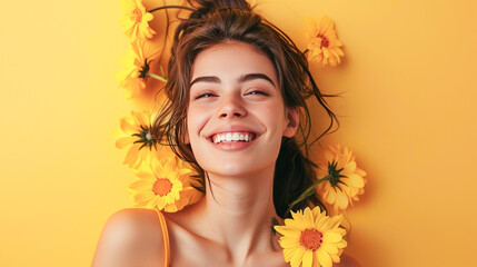 A joyful portrait capturing a woman's happiness as she poses with yellow flowers against a solid background.