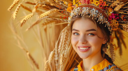Portrait of a young woman adorned in traditional Ukrainian attire, capturing the beauty and cultural richness of Ukrainian heritage