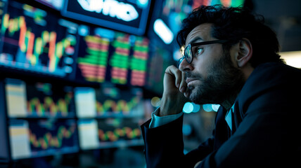 Sad depressed business man stock trading market investor or financial broker, 
