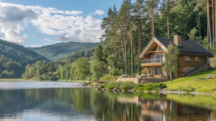 Naklejka premium Idyllic country retreat with a wooden chalet overlooking a tranquil lake and forested hillsides.