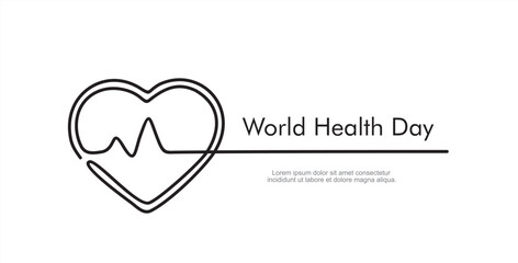 World health day. Heart and pulse one line hand drawn, cardiogram sign, electrocardiogram heartbeat - stock vector