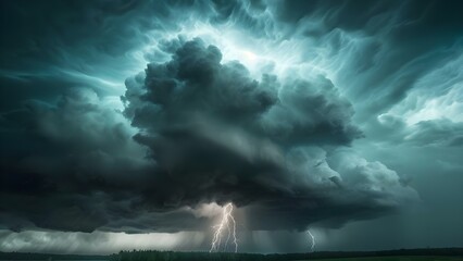 Approaching Storm: Dark Clouds, Thunder, Lightning, and Ominous Atmosphere. Concept Stormy Weather, Dark Sky, Lightning Strikes, Thunder, Dramatic Atmosphere