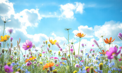 A beautiful spring meadow with colorful wildflowers in the foreground, with a blue sky in the background