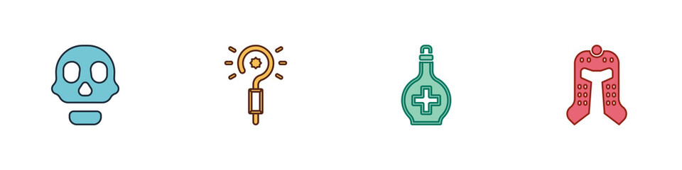 Set Skull, Magic wand, Bottle with potion and Medieval helmet icon. Vector