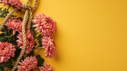 Composition with fresh chrysanthemum flowers and rope