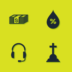 Set Paper money dollars cash, Tombstone with cross, Headphones microphone and Water drop percentage icon. Vector
