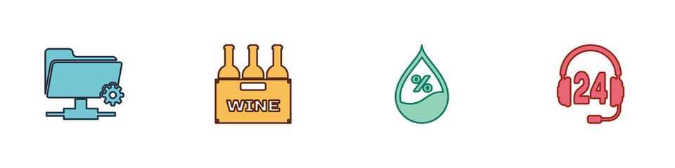 Set FTP settings folder, Bottles of wine box, Water drop percentage and Headphone for support icon. Vector