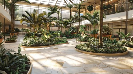 Indoor plaza with landscaped gardens and pathways, offering a serene oasis for relaxation and...