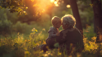 grandmother hood and child playing in park 