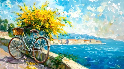 Vibrant Seaside Painting with Bicycle and Yellow Flowers. Impressionist Style Artwork for Home Decor. Peaceful Coastal Scene Illustration. AI