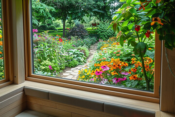 Scene from a sunroom bench viewing a lush garden and stone walkway.